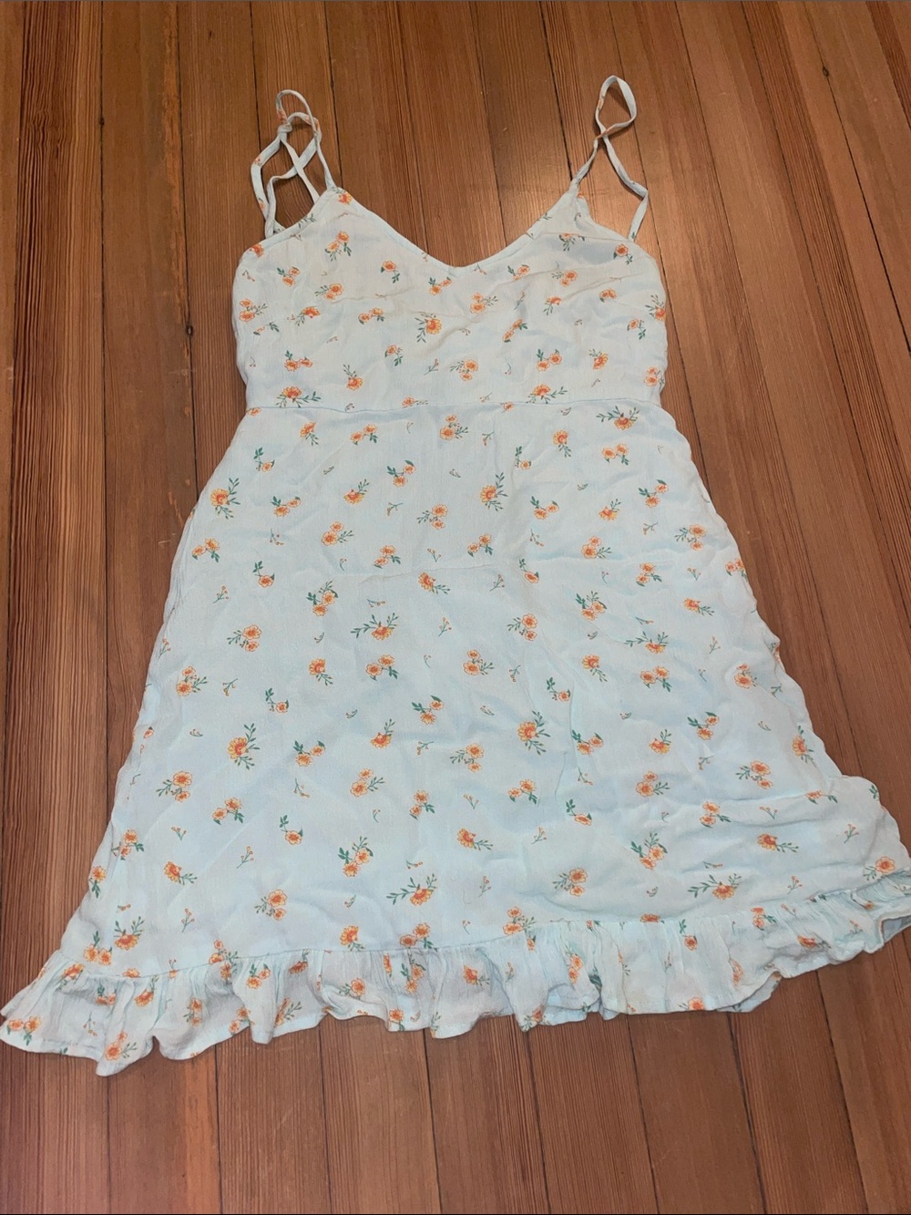 Light Blue Floral Ruffle Hem Spaghetti Strap BillaBong Dress
